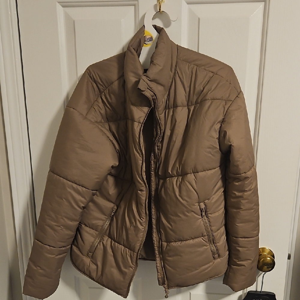 Taupe Quilted Mid Weight Mock Neck Puffer Jacket